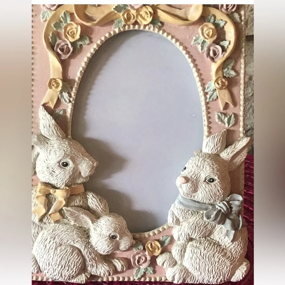 Vintage Easter Bunny Rabbit Photo Frame Resin‎ Ribbon Bow Pink 3D Fits 3.5
